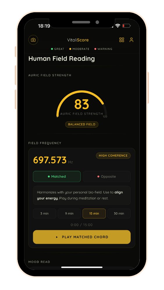 VitaliScore app showing a Human Field Reading with auric strength and resonance frequency